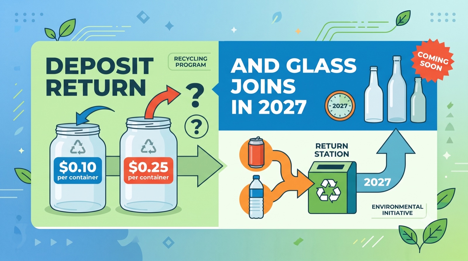Deposit return: $0.10 or $0.25 per container — and glass joins in 2027